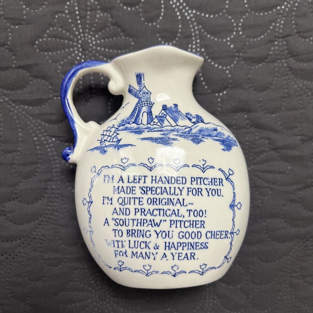 Vintage Left-Handed Pitcher Blue & White Pottery Jug England Southpaw Poem Gift
